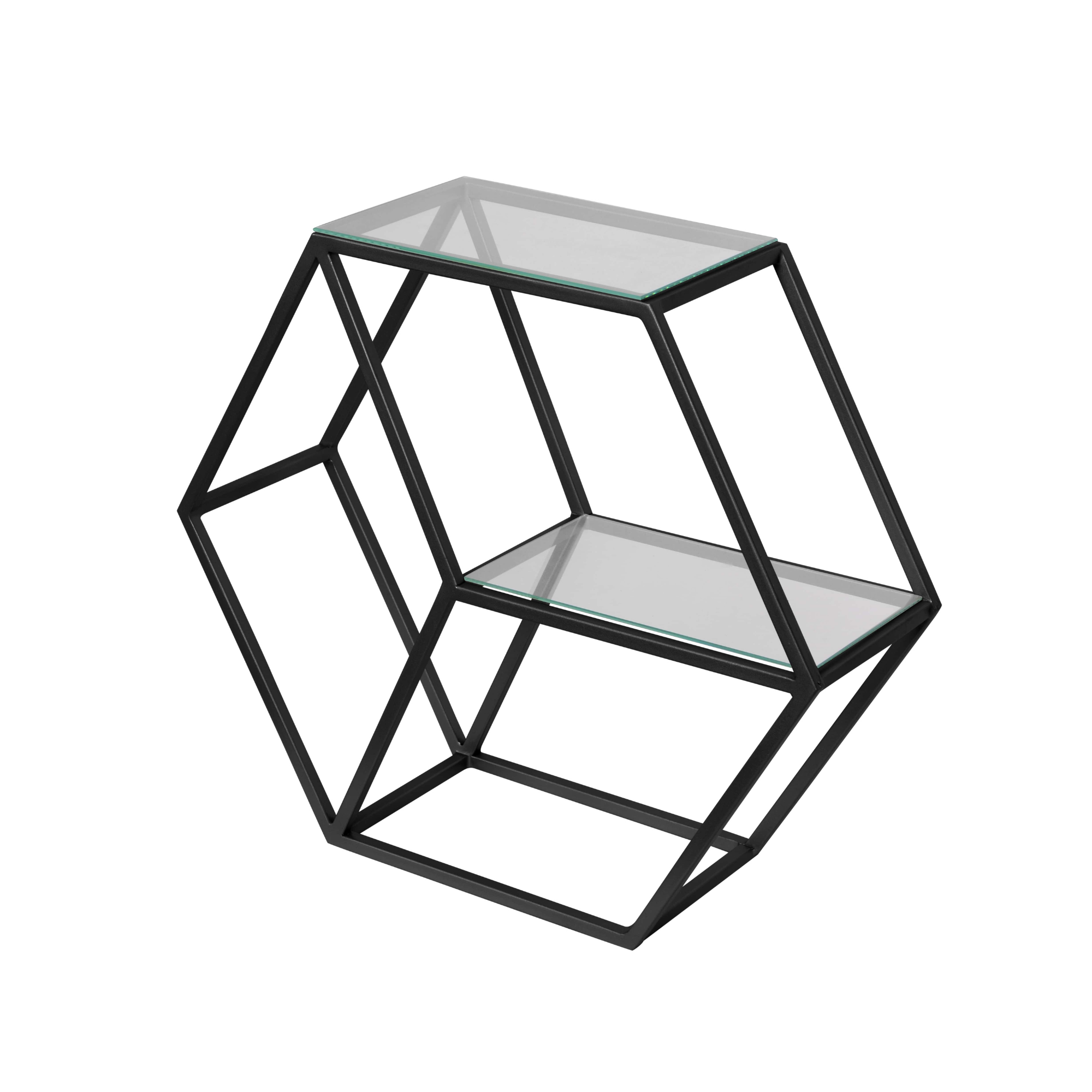 Etajeră modernă Ines din metal negru și sticlă, design geometric – 70×35×60 cm - FROMRO