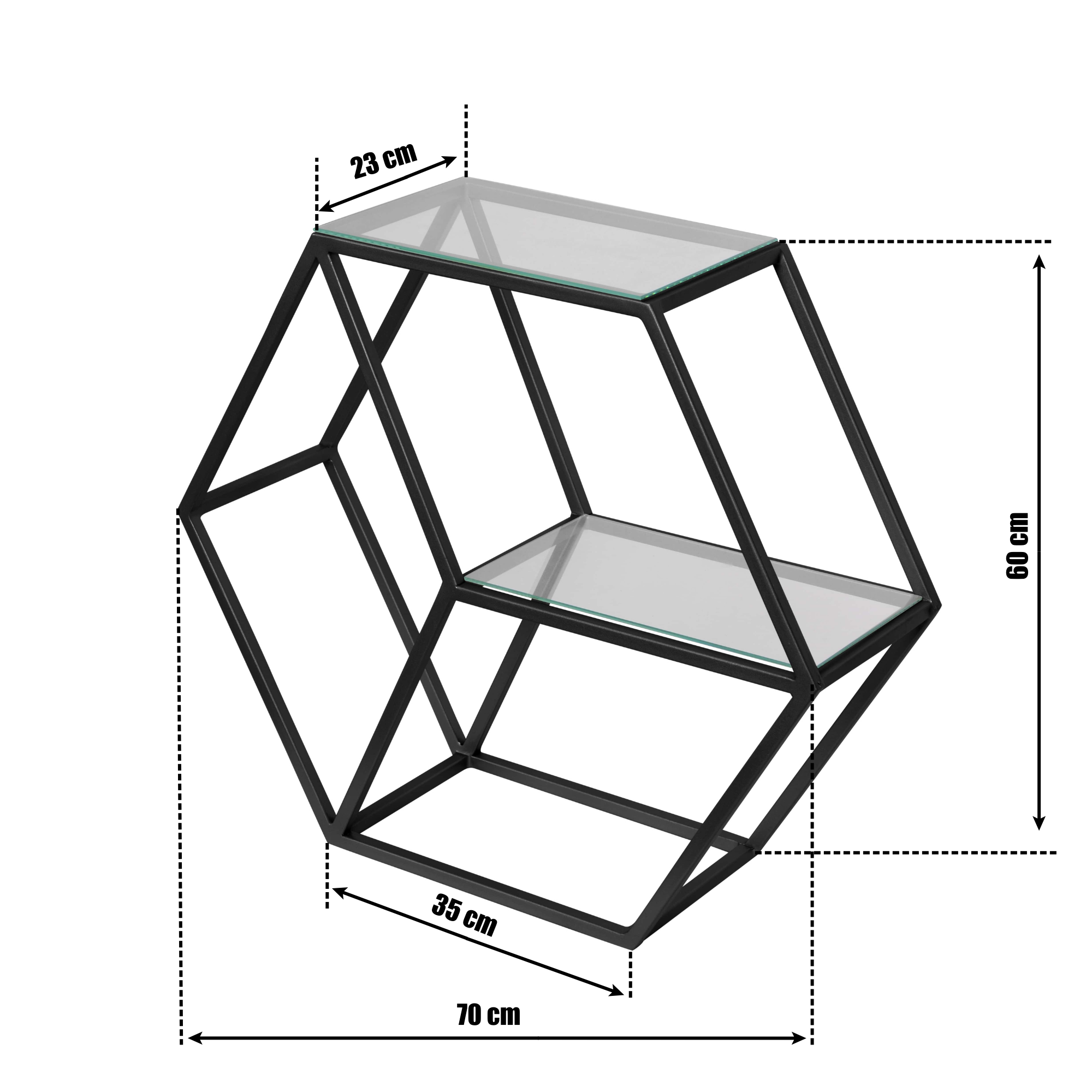 Etajeră modernă Ines din metal negru și sticlă, design geometric – 70×35×60 cm - FROMRO