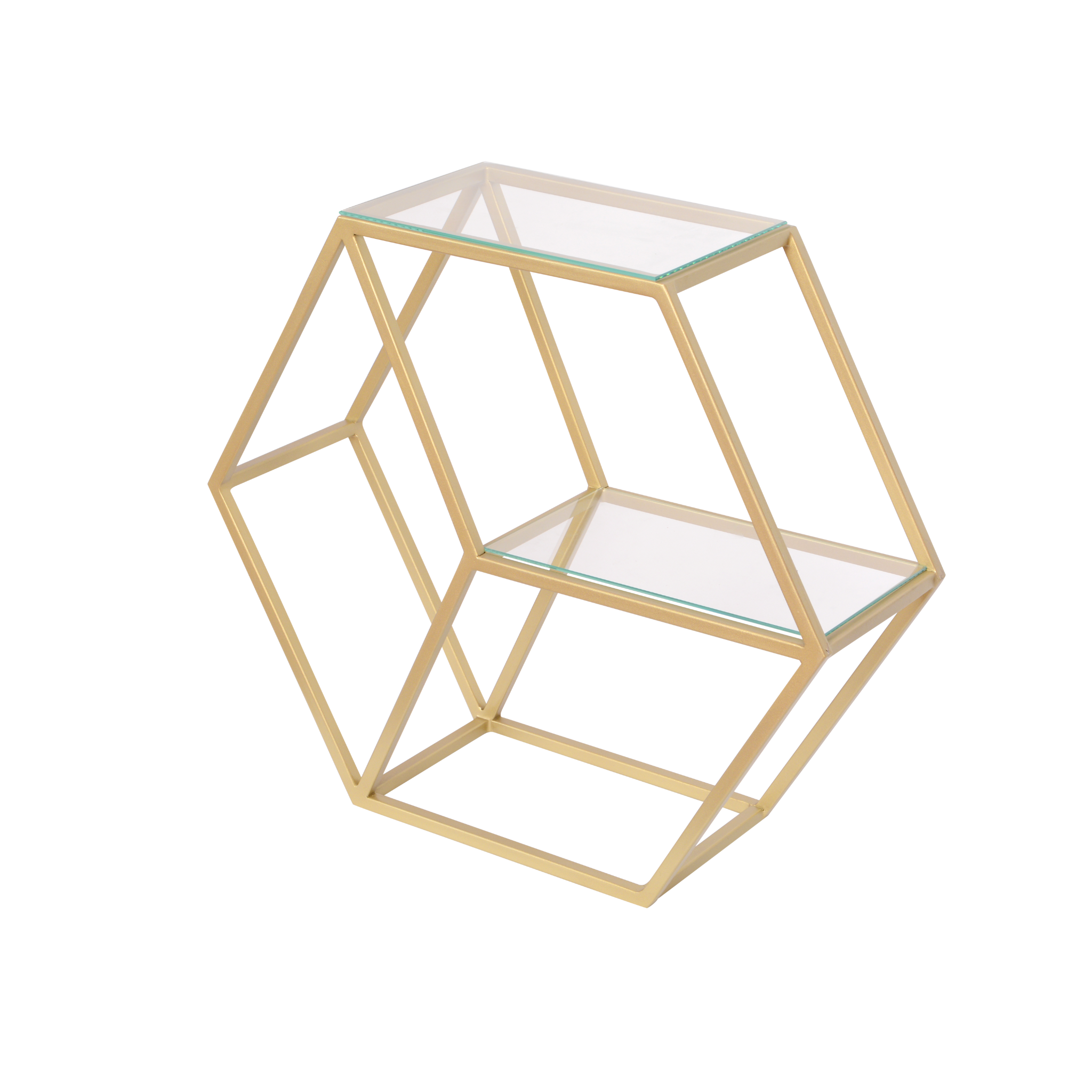 Etajeră modernă Ines din metal auriu mat și sticlă, design geometric – 70×35×60 cm - FROMRO