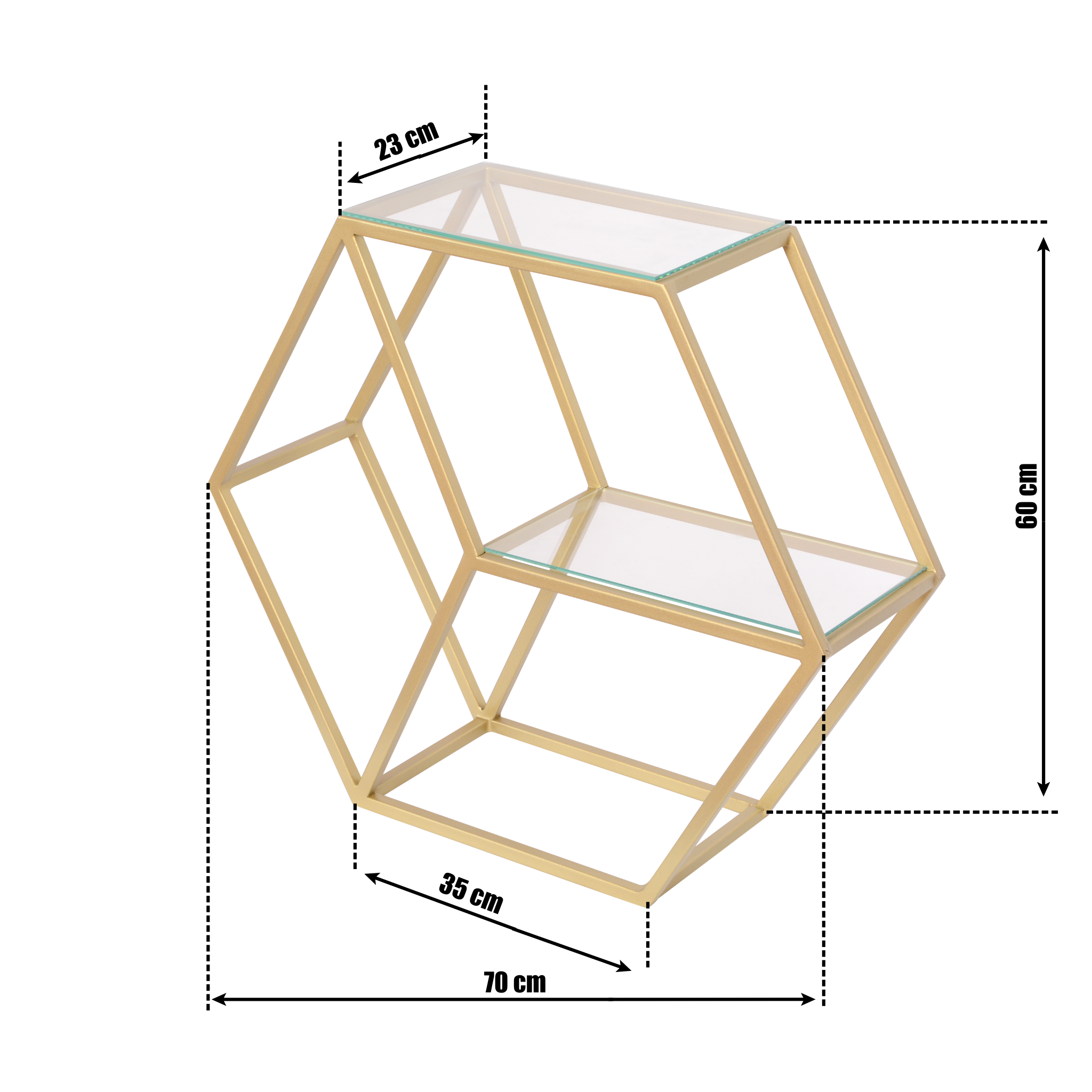 Etajeră modernă Ines din metal auriu mat și sticlă, design geometric – 70×35×60 cm - FROMRO