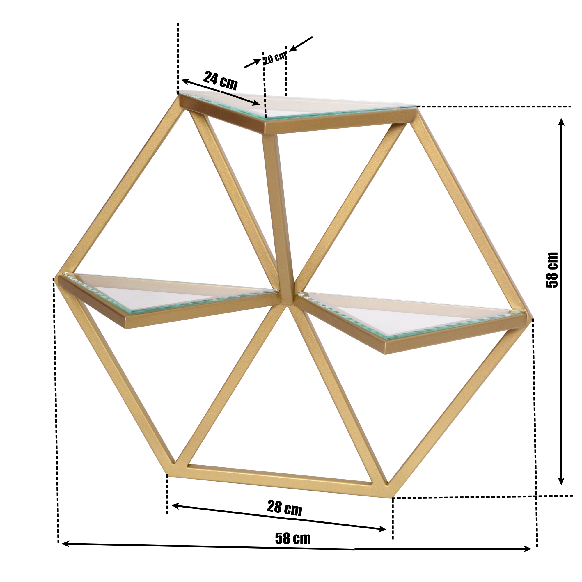 Etajeră decorativă hexagonală SELMA cu cadru metalic auriu mat și polițe din sticlă - FROMRO